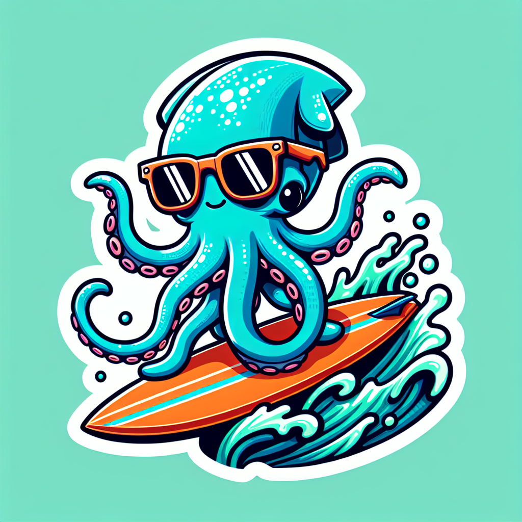 sticker-A squid riding a surfboard, with cool shades-discord stickers-1733097072332